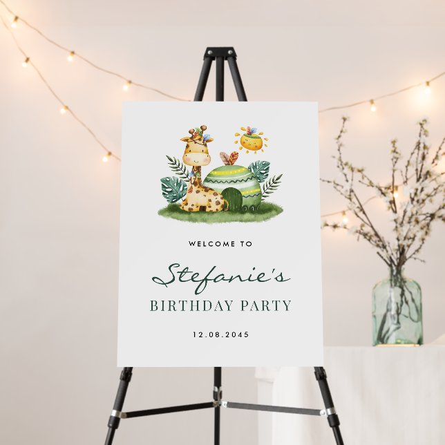 Watercolor Giraffe Safari Birthday Party Welcome Foam Board (In Situ (Stand))