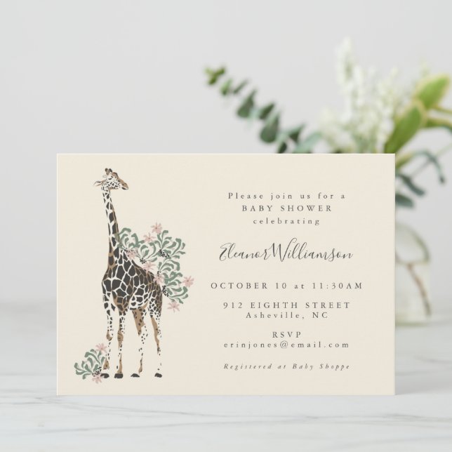 Watercolor Giraffe Safari Neutral Baby Shower Invitation (Standing Front)