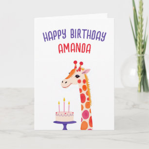 Watercolor Giraffe with Cake and Crown Birthday Card