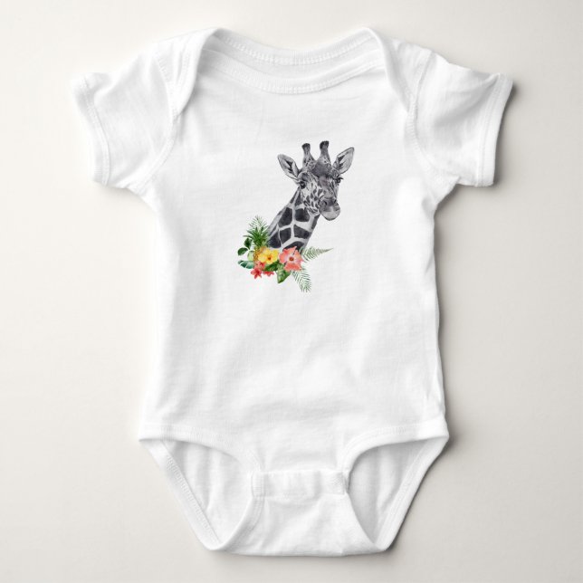 Watercolor Giraffe with Tropical Bouquet Baby Bodysuit (Front)