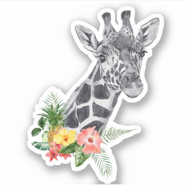 Watercolor Giraffe with Tropical Bouquet Sticker (Front)