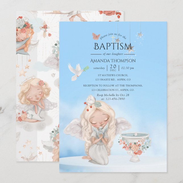 Watercolor Girl Angel Baptism Invitation (Front/Back)