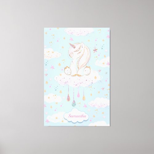 Watercolor girl baby unicorn at the sky and clouds canvas print
