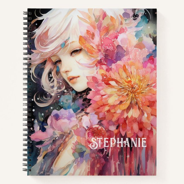 Watercolor girl, Bright colors, Custom Name Notebook (Front)