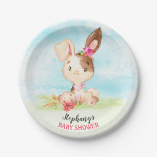 Watercolor Girl Bunny Baby Shower Farm Paper Plates