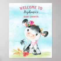 Watercolor Girl Cow Baby Shower Farm Baby Shower Poster