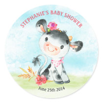 Watercolor Girl Cow Baby Shower Farm Classic Round Sticker