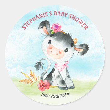 Watercolor Girl Cow Baby Shower Farm Classic Round Sticker by SpecialOccasionCards at Zazzle