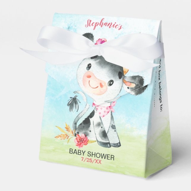 Watercolor Girl Cow Baby Shower Farm Favor Boxes (Front Side)
