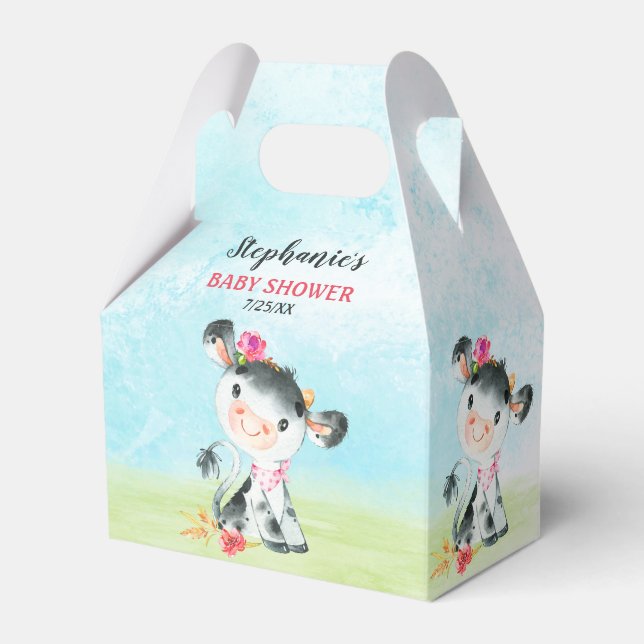 Watercolor Girl Cow Baby Shower Farm Favor Boxes (Front Side)
