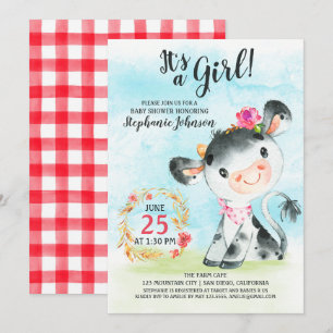 Watercolor Girl Cow Baby Shower Farm Invitation
