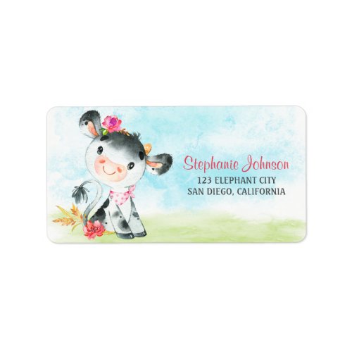 Watercolor Girl Cow Baby Shower Farm Label