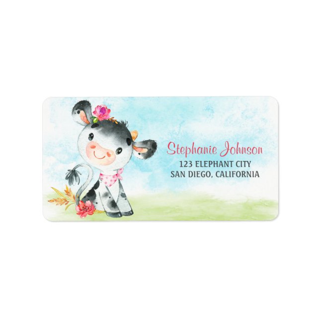 Watercolor Girl Cow Baby Shower Farm Label (Front)