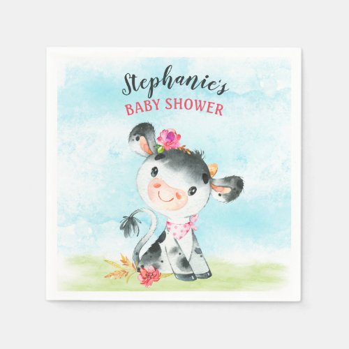 Watercolor Girl Cow Baby Shower Farm Napkins