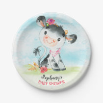 Watercolor Girl Cow Baby Shower Farm Paper Plates