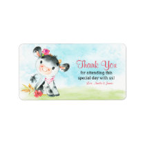 Watercolor Girl Cow Baby Shower Farm Thank You Label