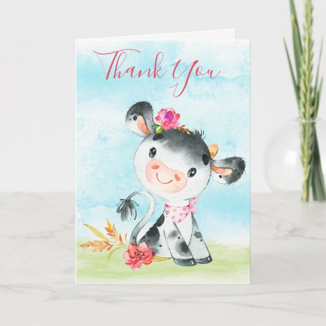 Watercolor Girl Cow Farm Thank You Card (Front)