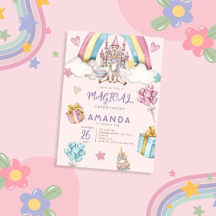 Watercolor Girl Cute Unicorn Palace Birthday Invitation