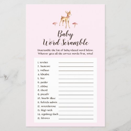 Watercolor Girl Deer Baby Word Scramble Game Flyer