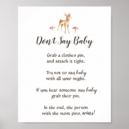 Watercolor Girl Deer Dont Say Baby Shower Game Poster