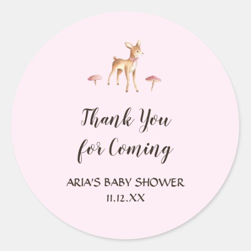 Watercolor Girl Deer Mushrooms Baby Shower Favor Classic Round Sticker