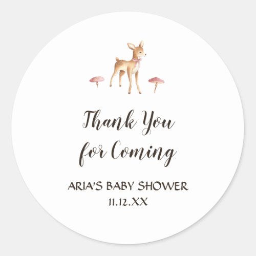 Watercolor Girl Deer on White Baby Shower Favor Classic Round Sticker