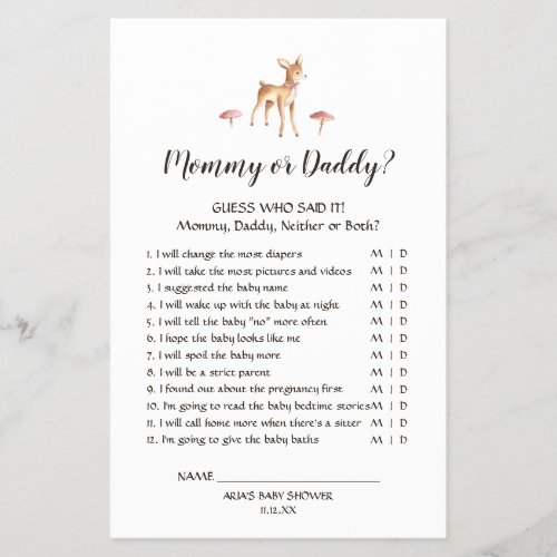 Watercolor Girl Deer on White Mommy or Daddy Game Flyer