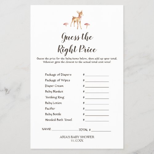 Watercolor Girl Deer White Guess The Right Price Flyer