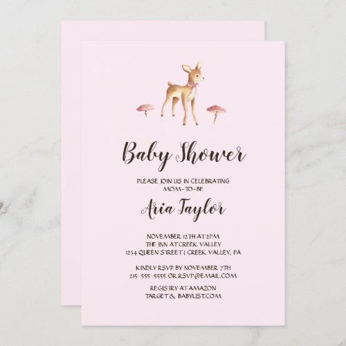 Watercolor Girl Deer with Mushrooms Baby Shower Invitation