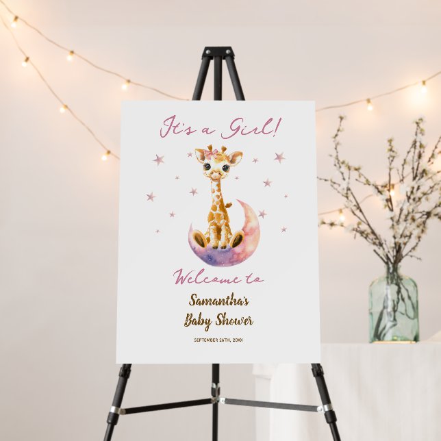 Watercolor Girl Giraffe Baby Shower Welcome Sign (In Situ (Stand))