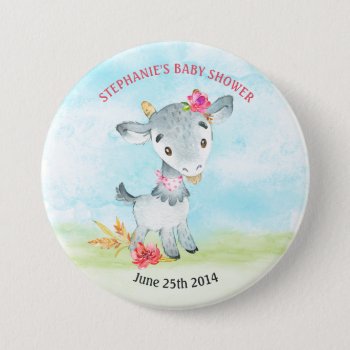 Watercolor Girl Goat Baby Shower Farm Button by SpecialOccasionCards at Zazzle