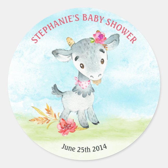 Watercolor Girl Goat Baby Shower Farm Classic Round Sticker (Front)
