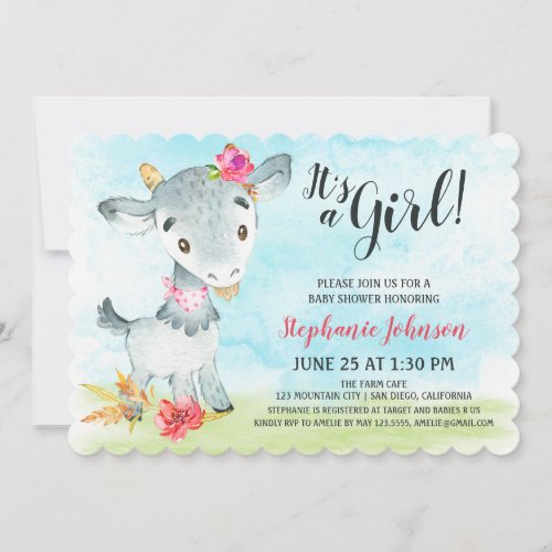 Watercolor Girl Goat Baby Shower Farm Invitation