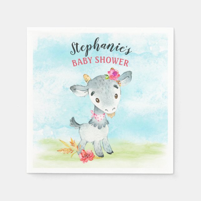 Watercolor Girl Goat Baby Shower Farm Napkins (Front)