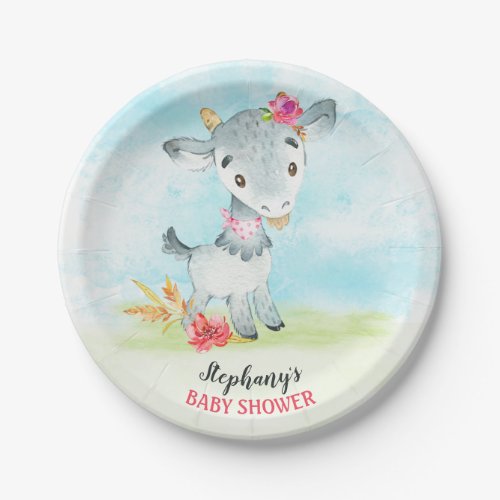 Watercolor Girl Goat Baby Shower Farm Paper Plates