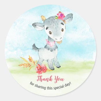 Watercolor Girl Goat Farm Thank You Classic Round Sticker by SpecialOccasionCards at Zazzle