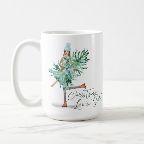 Watercolor Girl Holding Evergreen Christmas Tree Coffee Mug