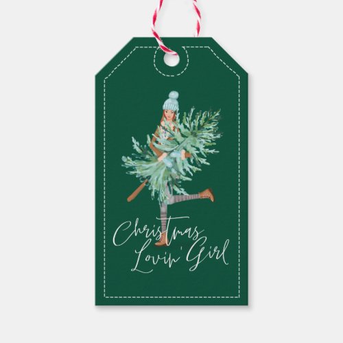 Watercolor Girl Holding Evergreen Christmas Tree Gift Tags