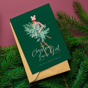 Watercolor Girl Holding Evergreen Christmas Tree Holiday Card