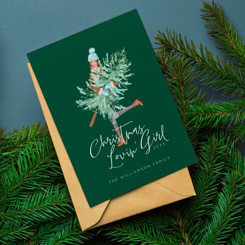 Watercolor Girl Holding Evergreen Christmas Tree Holiday Card