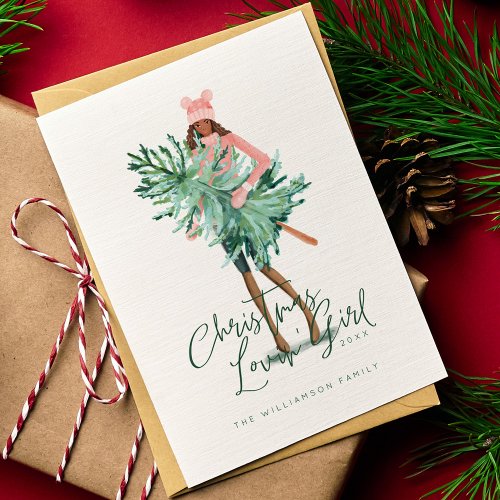 Watercolor Girl Holding Evergreen Christmas Tree Holiday Card