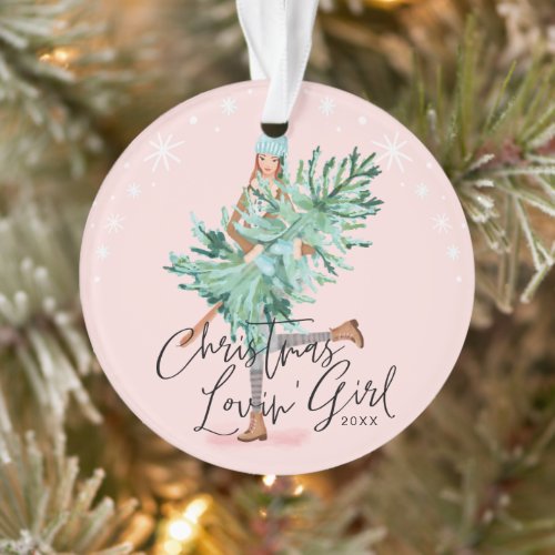 Watercolor Girl Holding Evergreen Christmas Tree Ornament
