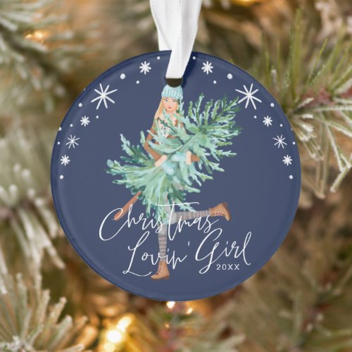 Watercolor Girl Holding Evergreen Christmas Tree Ornament