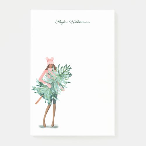 Watercolor Girl Holding Evergreen Christmas Tree Post_it Notes