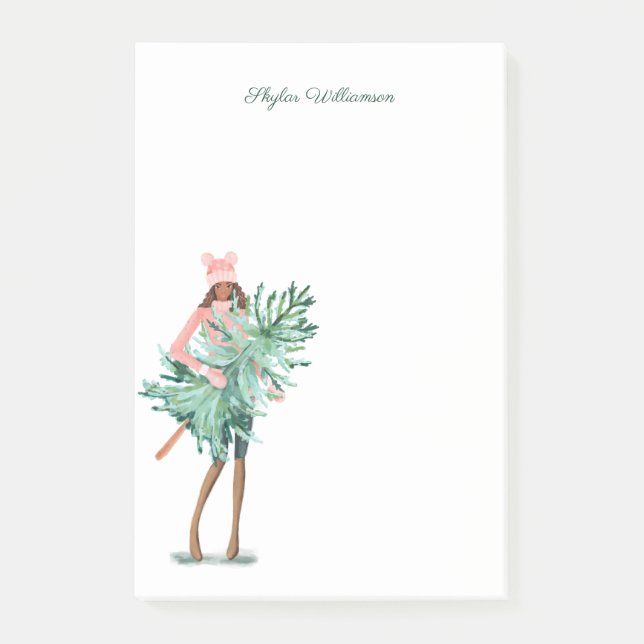 Watercolor Girl Holding Evergreen Christmas Tree Post-it Notes (Front)