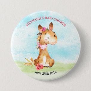 Watercolor Girl Horse Baby Shower Farm Button