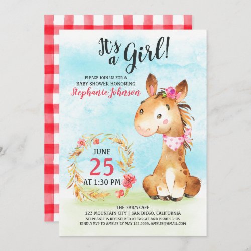 Watercolor Girl Horse Baby Shower Farm Invitation