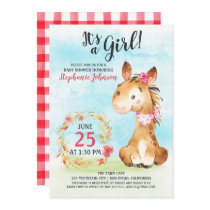 Watercolor Girl Horse Baby Shower Farm Invitation