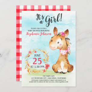 Watercolor Girl Horse Baby Shower Farm Invitation