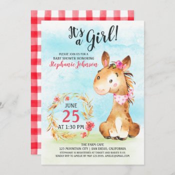 Watercolor Girl Horse Baby Shower Farm Invitation by SpecialOccasionCards at Zazzle